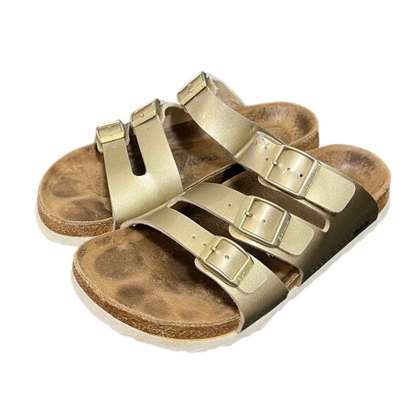 Birkenstock Betula Sandals‎ Gold Three Strap Slides Leather Size 37 US 6 - Picture 1 of 7